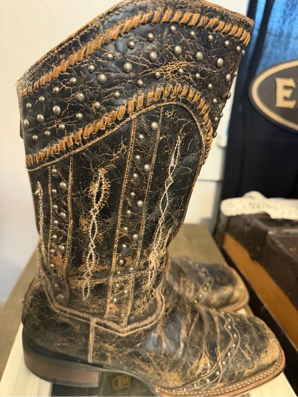Leather Studded Western Boots - Black & Brown Dan post 7.5